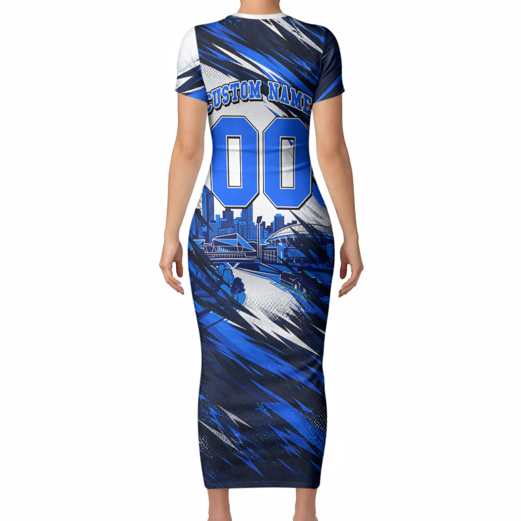 Personalised Adelaide Strikers Cricket Fan Pride Short Sleeve Bodycon Dress Dynamic Cricket Graphic Art With Adelaide City Skyline