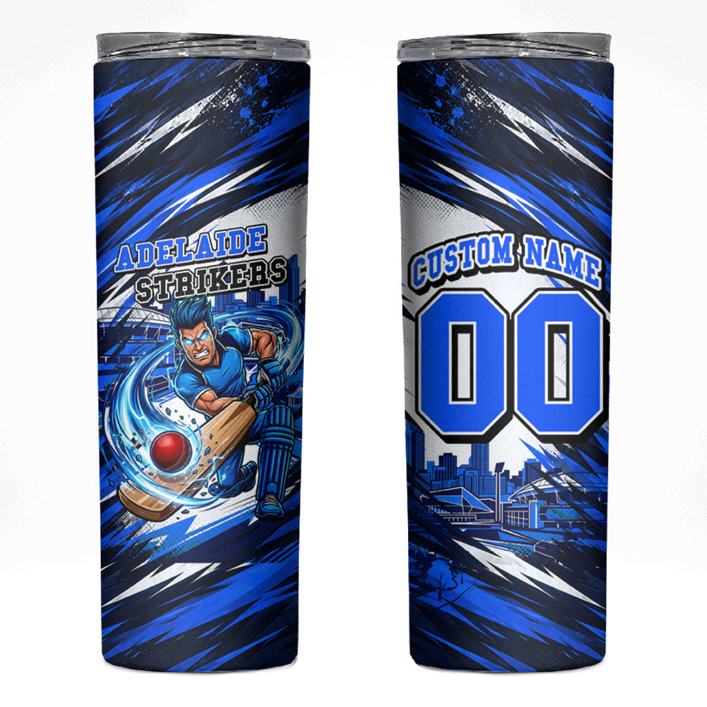 Personalised Adelaide Strikers Cricket Fan Pride Skinny Tumbler Dynamic Cricket Graphic Art With Adelaide City Skyline