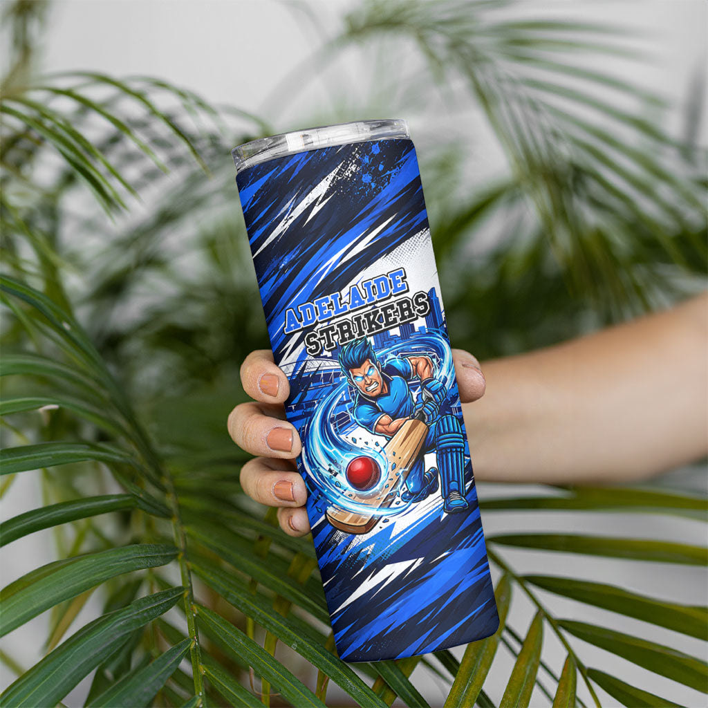 Personalised Adelaide Strikers Cricket Fan Pride Skinny Tumbler Dynamic Cricket Graphic Art With Adelaide City Skyline