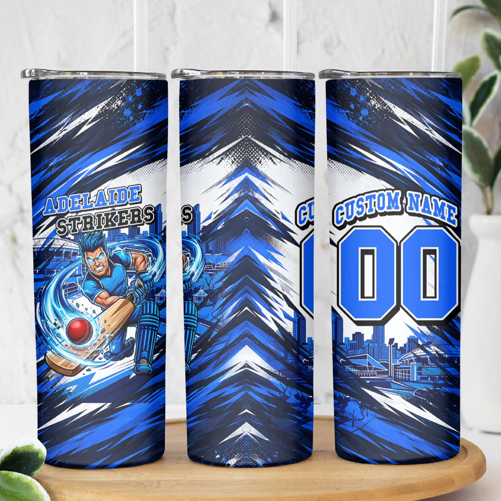 Personalised Adelaide Strikers Cricket Fan Pride Skinny Tumbler Dynamic Cricket Graphic Art With Adelaide City Skyline