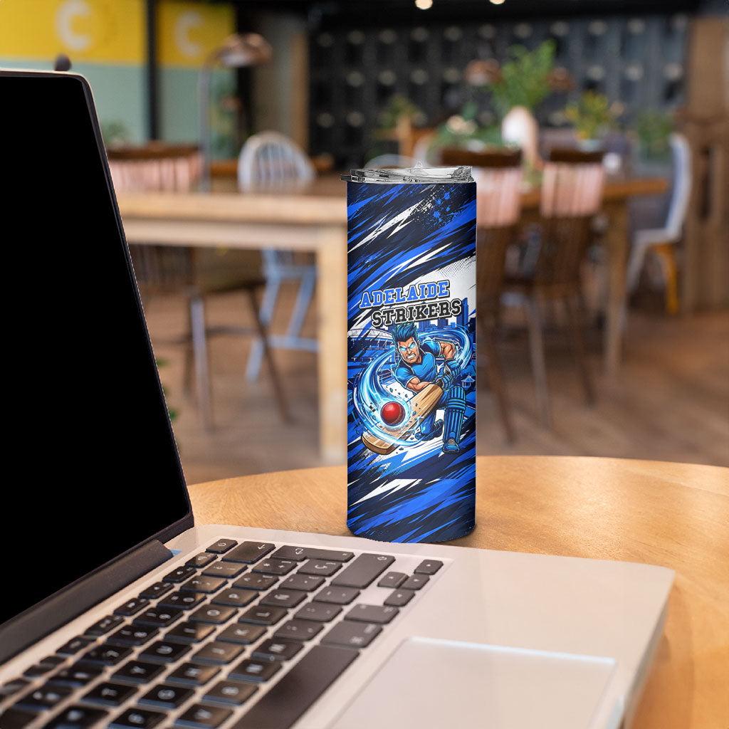 Personalised Adelaide Strikers Cricket Fan Pride Skinny Tumbler Dynamic Cricket Graphic Art With Adelaide City Skyline