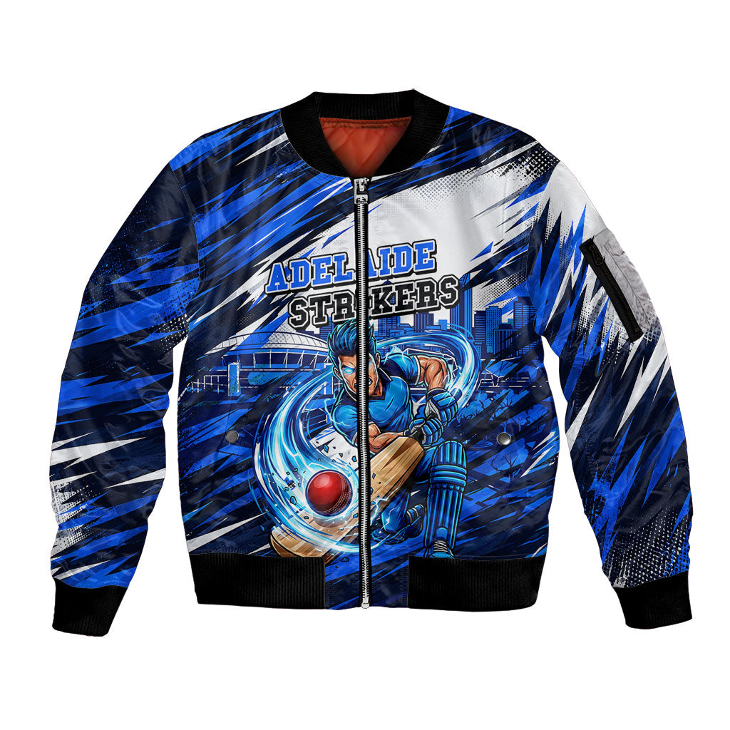 Personalised Adelaide Strikers Cricket Fan Pride Sleeve Zip Bomber Jacket Dynamic Cricket Graphic Art With Adelaide City Skyline