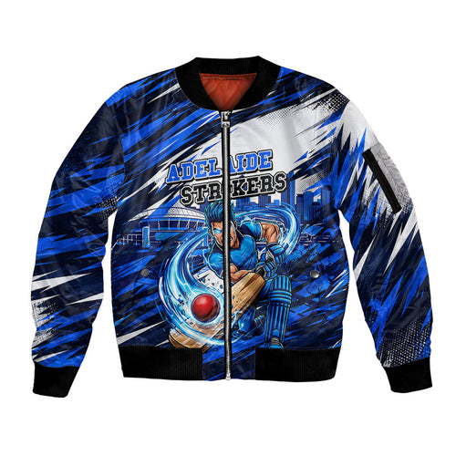 Personalised Adelaide Strikers Cricket Fan Pride Sleeve Zip Bomber Jacket Dynamic Cricket Graphic Art With Adelaide City Skyline