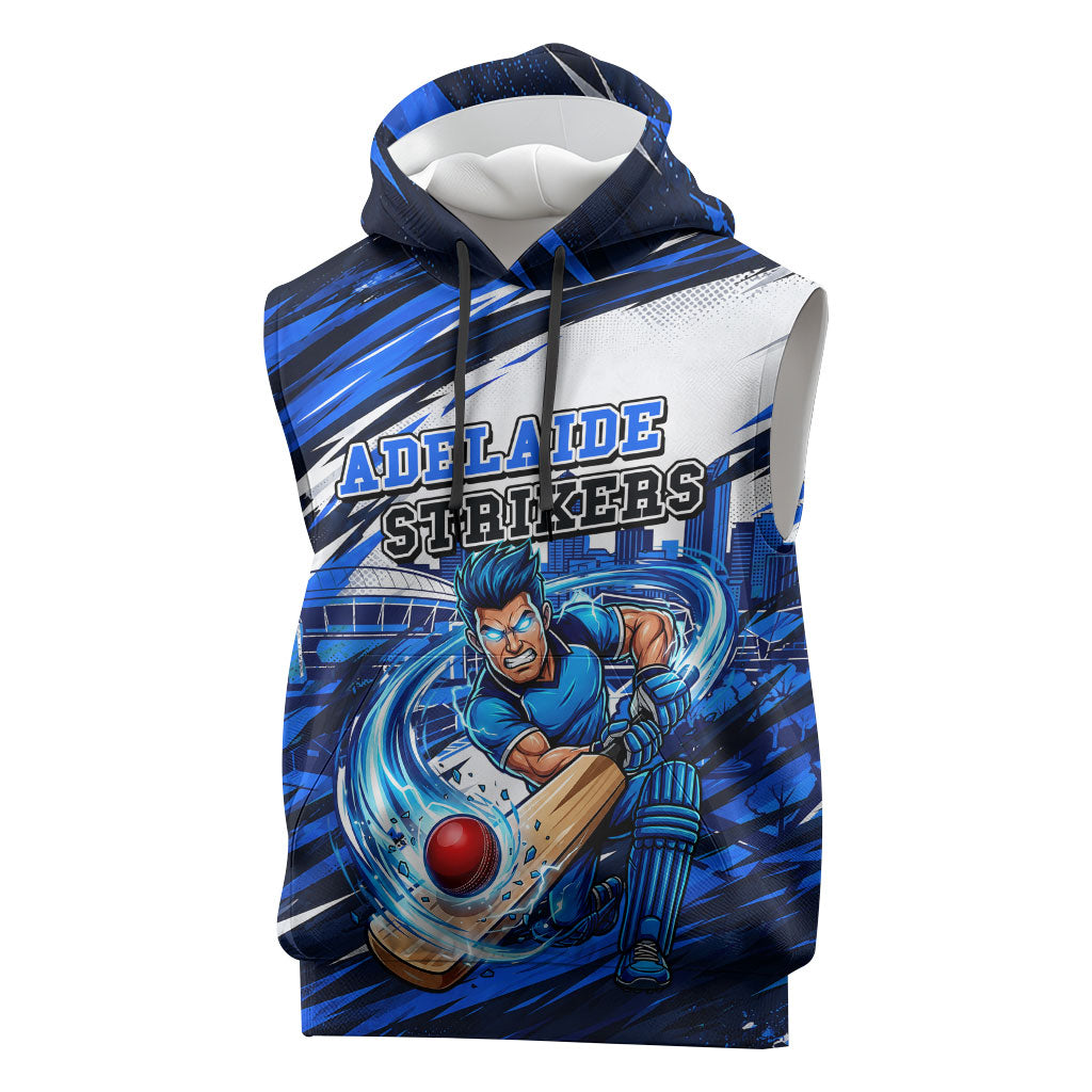 Personalised Adelaide Strikers Cricket Fan Pride Sleeveless Hoodie Dynamic Cricket Graphic Art With Adelaide City Skyline