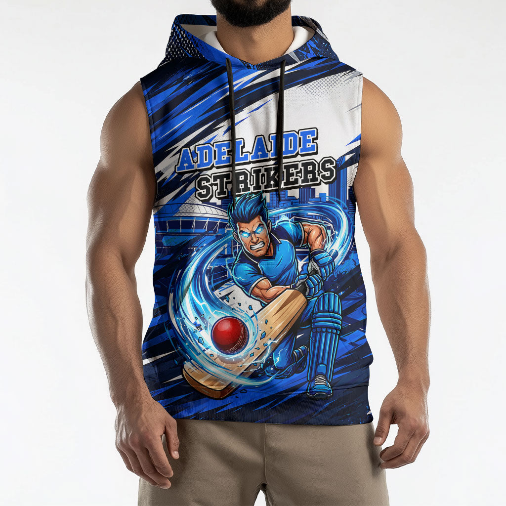 Personalised Adelaide Strikers Cricket Fan Pride Sleeveless Hoodie Dynamic Cricket Graphic Art With Adelaide City Skyline