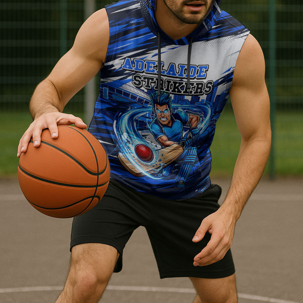 Personalised Adelaide Strikers Cricket Fan Pride Sleeveless Hoodie Dynamic Cricket Graphic Art With Adelaide City Skyline