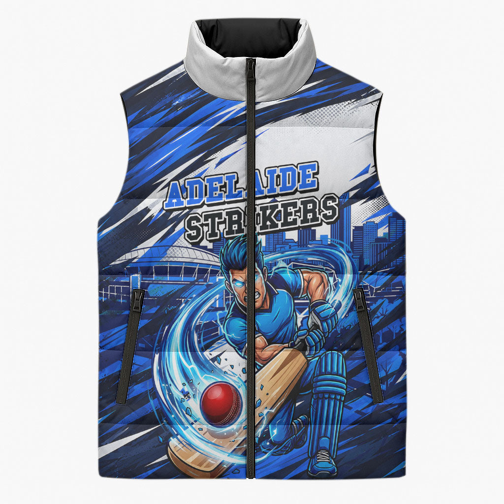 Personalised Adelaide Strikers Cricket Fan Pride Sleeveless Puffer Jacket Dynamic Cricket Graphic Art With Adelaide City Skyline