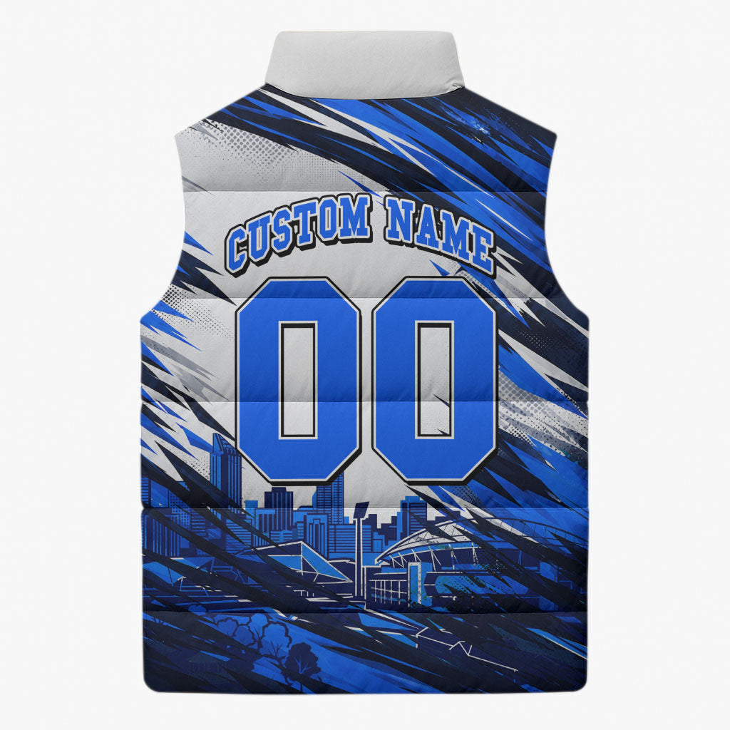 Personalised Adelaide Strikers Cricket Fan Pride Sleeveless Puffer Jacket Dynamic Cricket Graphic Art With Adelaide City Skyline