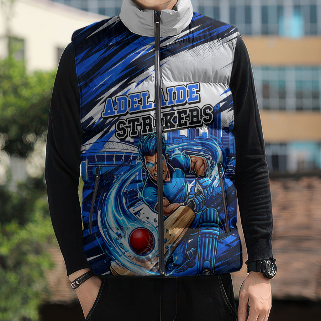 Personalised Adelaide Strikers Cricket Fan Pride Sleeveless Puffer Jacket Dynamic Cricket Graphic Art With Adelaide City Skyline