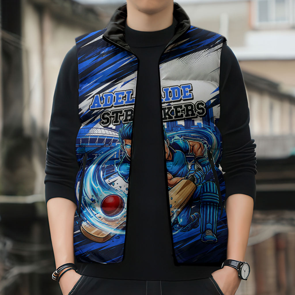Personalised Adelaide Strikers Cricket Fan Pride Sleeveless Puffer Jacket Dynamic Cricket Graphic Art With Adelaide City Skyline