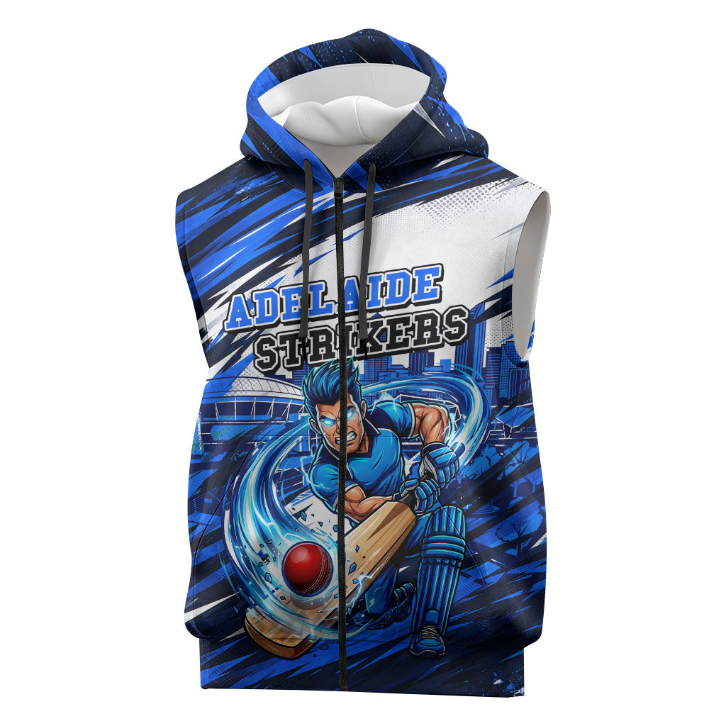 Personalised Adelaide Strikers Cricket Fan Pride Sleeveless Zip Hoodie Dynamic Cricket Graphic Art With Adelaide City Skyline