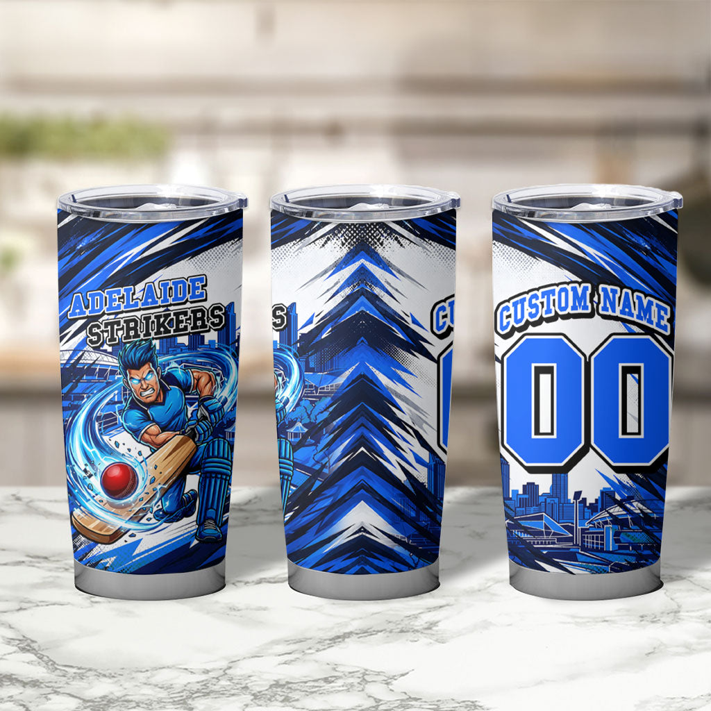 Personalised Adelaide Strikers Cricket Fan Pride Tumbler Cup Dynamic Cricket Graphic Art With Adelaide City Skyline