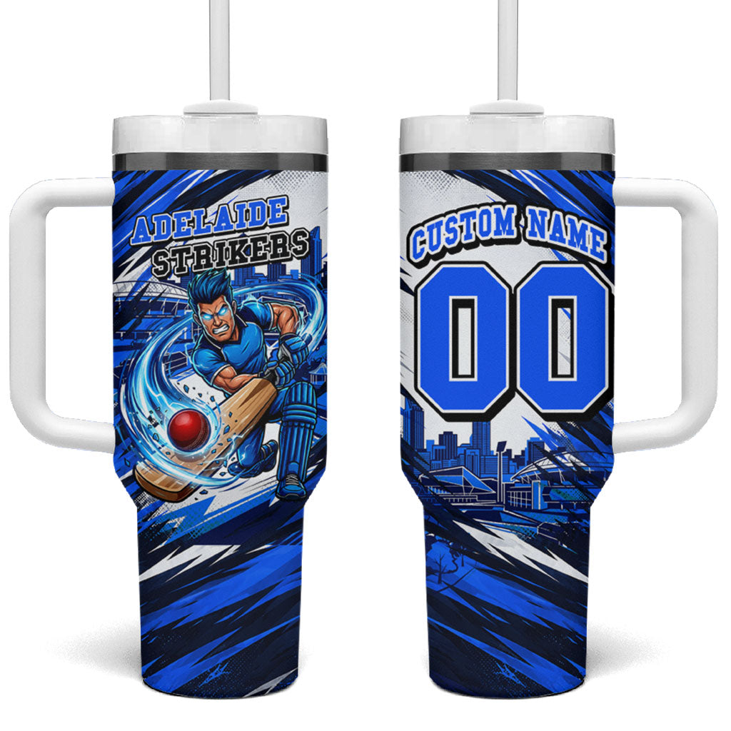 Personalised Adelaide Strikers Cricket Fan Pride Tumbler With Handle Dynamic Cricket Graphic Art With Adelaide City Skyline
