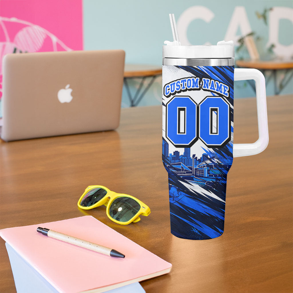 Personalised Adelaide Strikers Cricket Fan Pride Tumbler With Handle Dynamic Cricket Graphic Art With Adelaide City Skyline