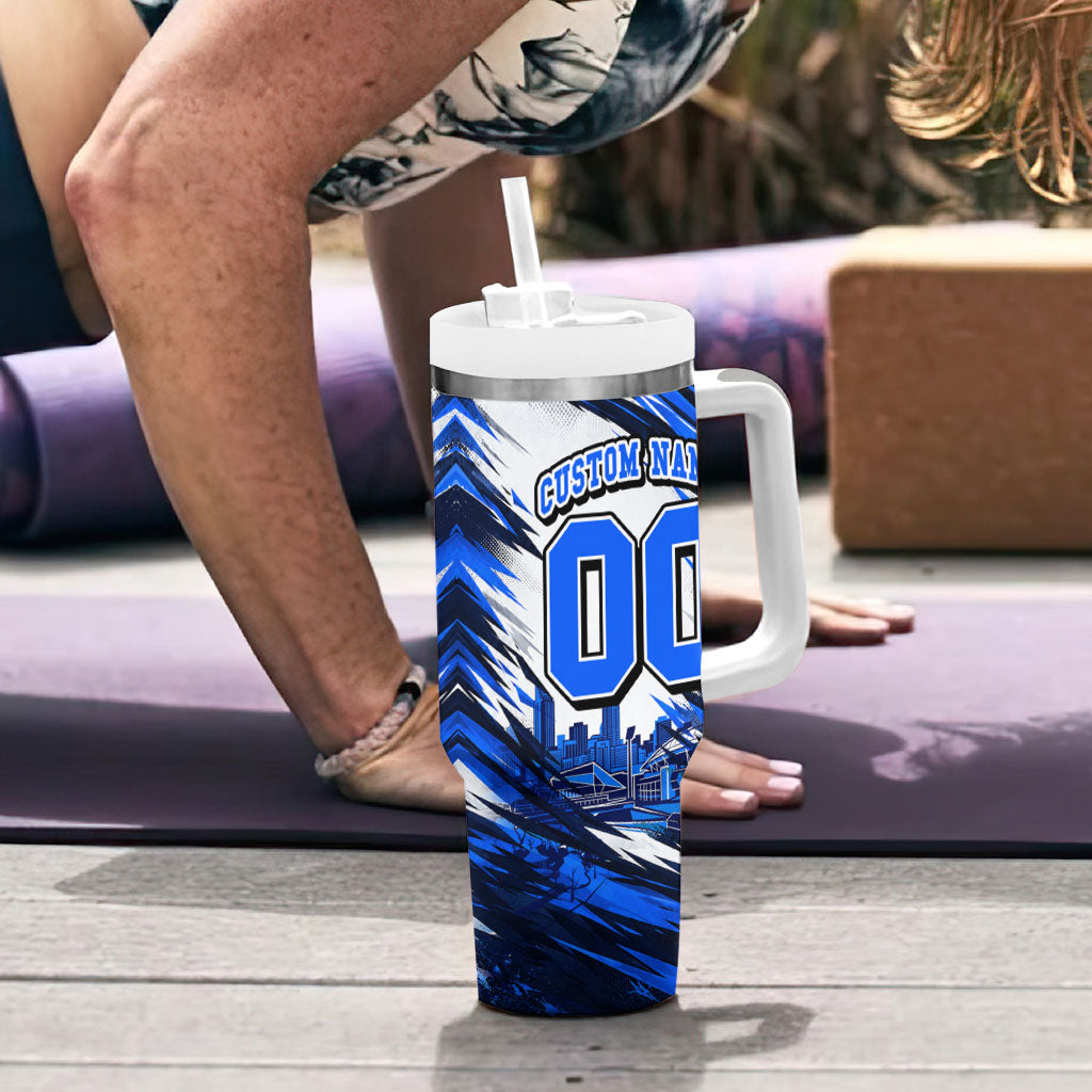 Personalised Adelaide Strikers Cricket Fan Pride Tumbler With Handle Dynamic Cricket Graphic Art With Adelaide City Skyline