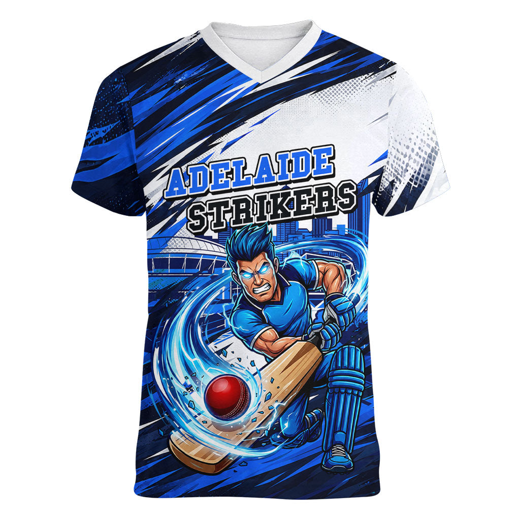 Personalised Adelaide Strikers Cricket Fan Pride Women V-Neck T-Shirt Dynamic Cricket Graphic Art With Adelaide City Skyline