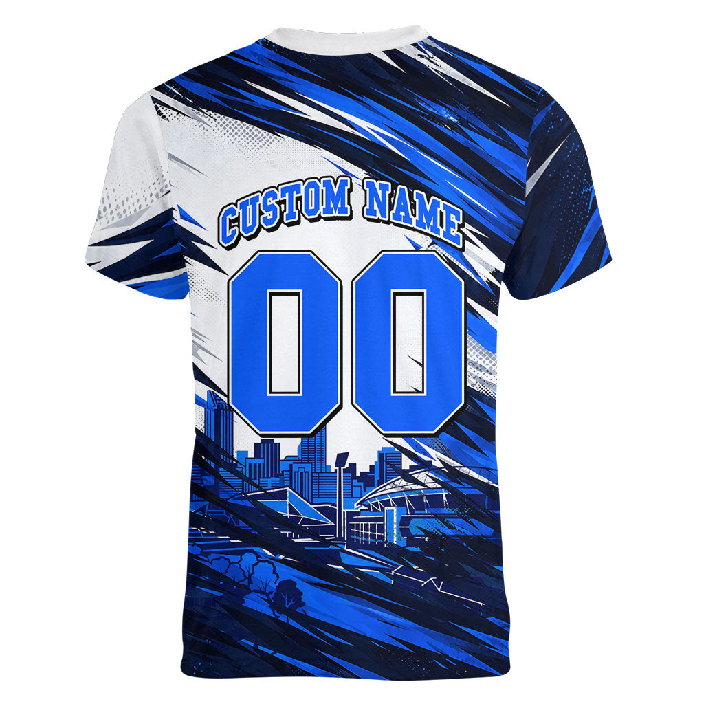 Personalised Adelaide Strikers Cricket Fan Pride Women V-Neck T-Shirt Dynamic Cricket Graphic Art With Adelaide City Skyline