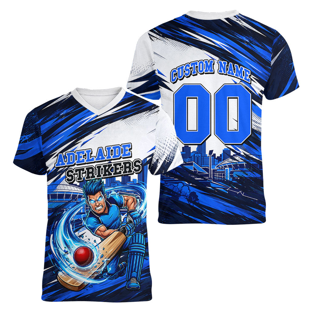 Personalised Adelaide Strikers Cricket Fan Pride Women V-Neck T-Shirt Dynamic Cricket Graphic Art With Adelaide City Skyline