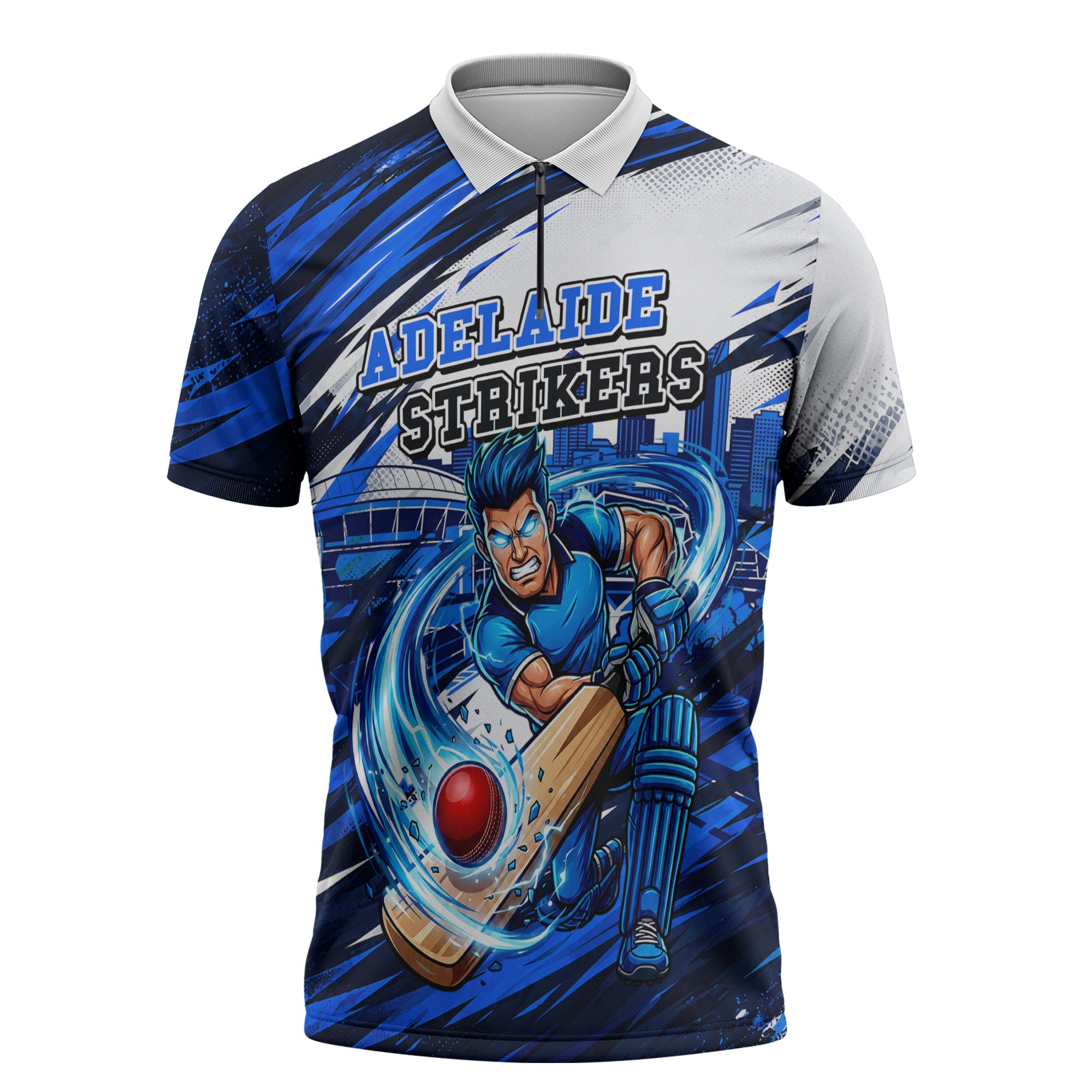 Personalised Adelaide Strikers Cricket Fan Pride Zipper Polo Shirt Dynamic Cricket Graphic Art With Adelaide City Skyline