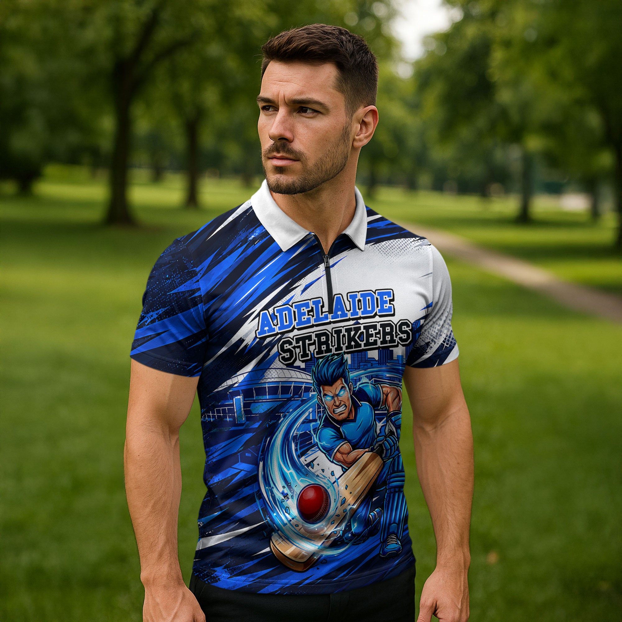 Personalised Adelaide Strikers Cricket Fan Pride Zipper Polo Shirt Dynamic Cricket Graphic Art With Adelaide City Skyline