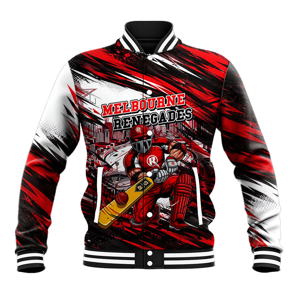 Personalised Melbourne Renegades Cricket Fan Pride Baseball Jacket Dynamic Cricket Graphic Art With Melbourne City Skyline