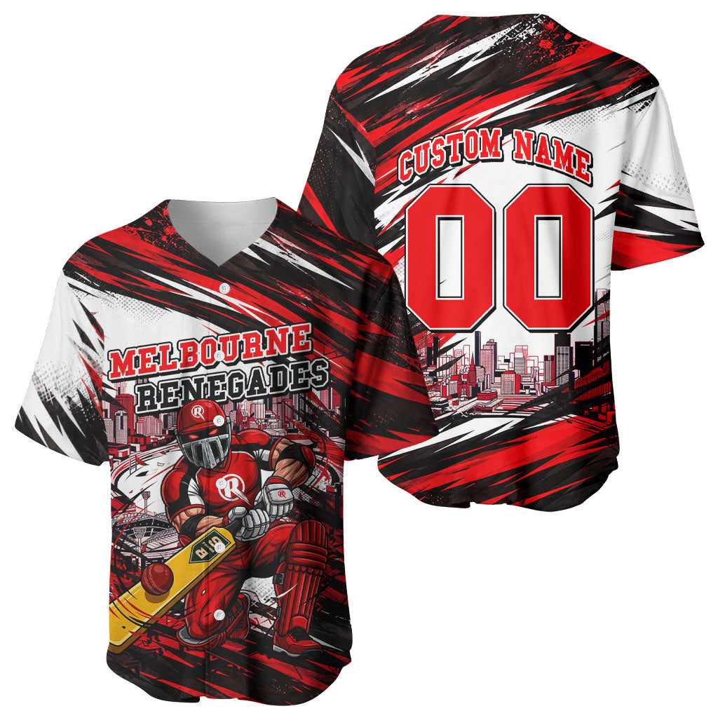 Personalised Melbourne Renegades Cricket Fan Pride Baseball Jersey Dynamic Cricket Graphic Art With Melbourne City Skyline