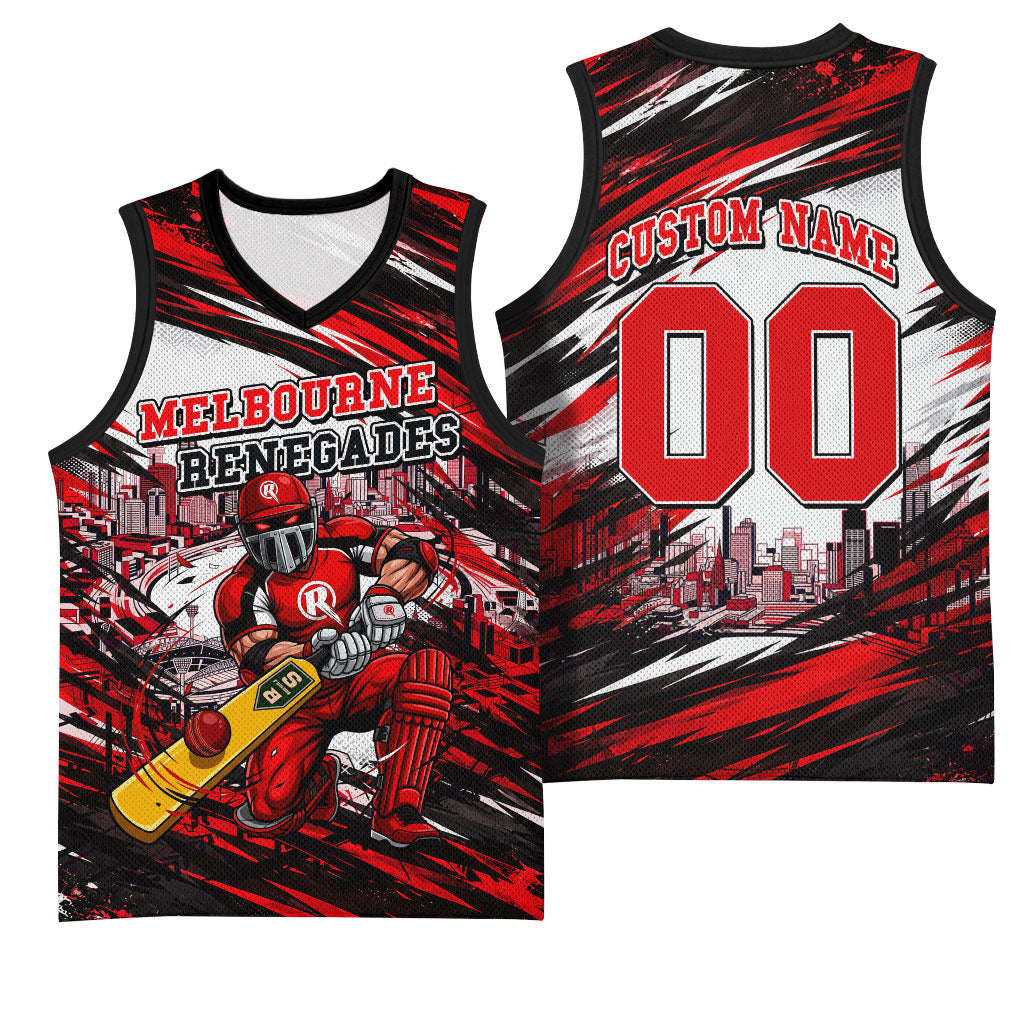 Personalised Melbourne Renegades Cricket Fan Pride Basketball Jersey Dynamic Cricket Graphic Art With Melbourne City Skyline