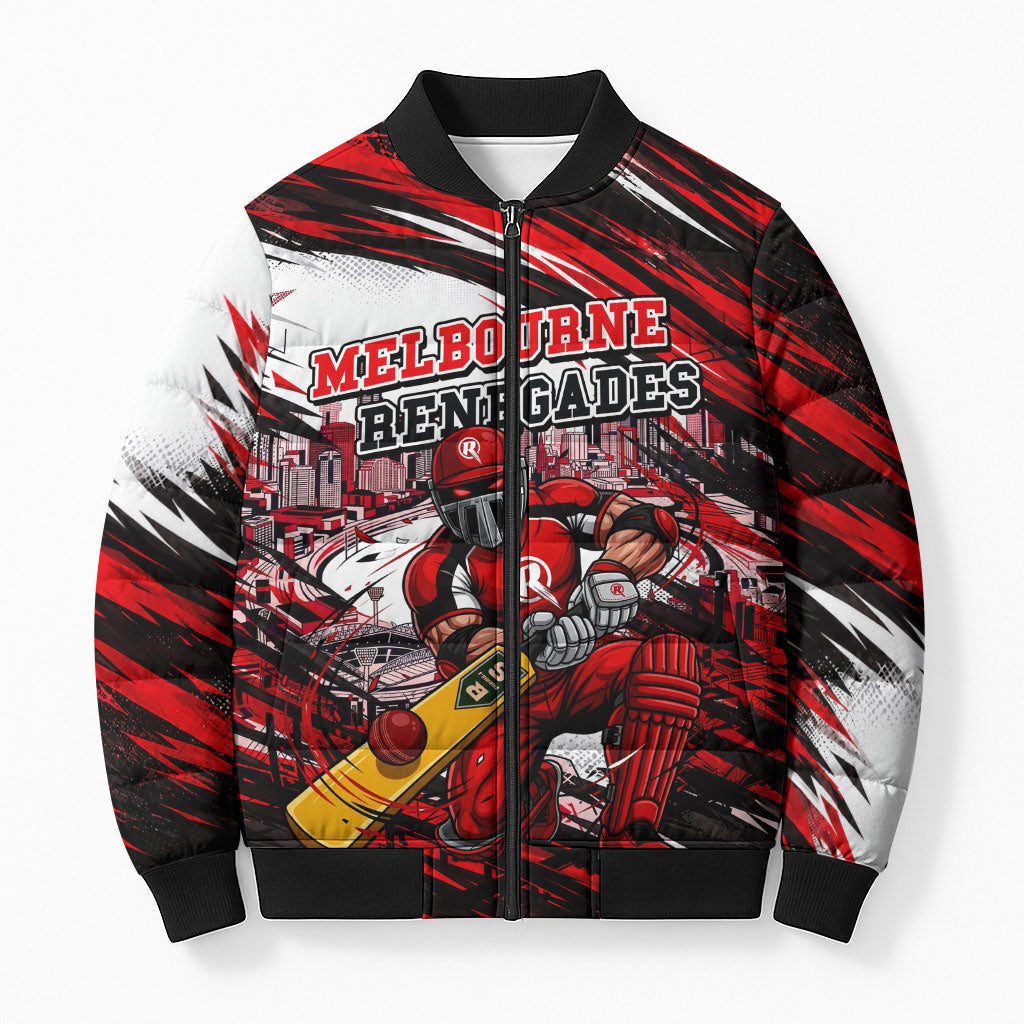 Personalised Melbourne Renegades Cricket Fan Pride Bomber Puffer Jacket Dynamic Cricket Graphic Art With Melbourne City Skyline