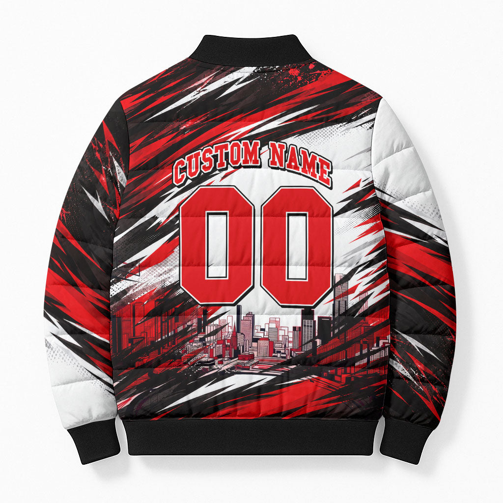 Personalised Melbourne Renegades Cricket Fan Pride Bomber Puffer Jacket Dynamic Cricket Graphic Art With Melbourne City Skyline