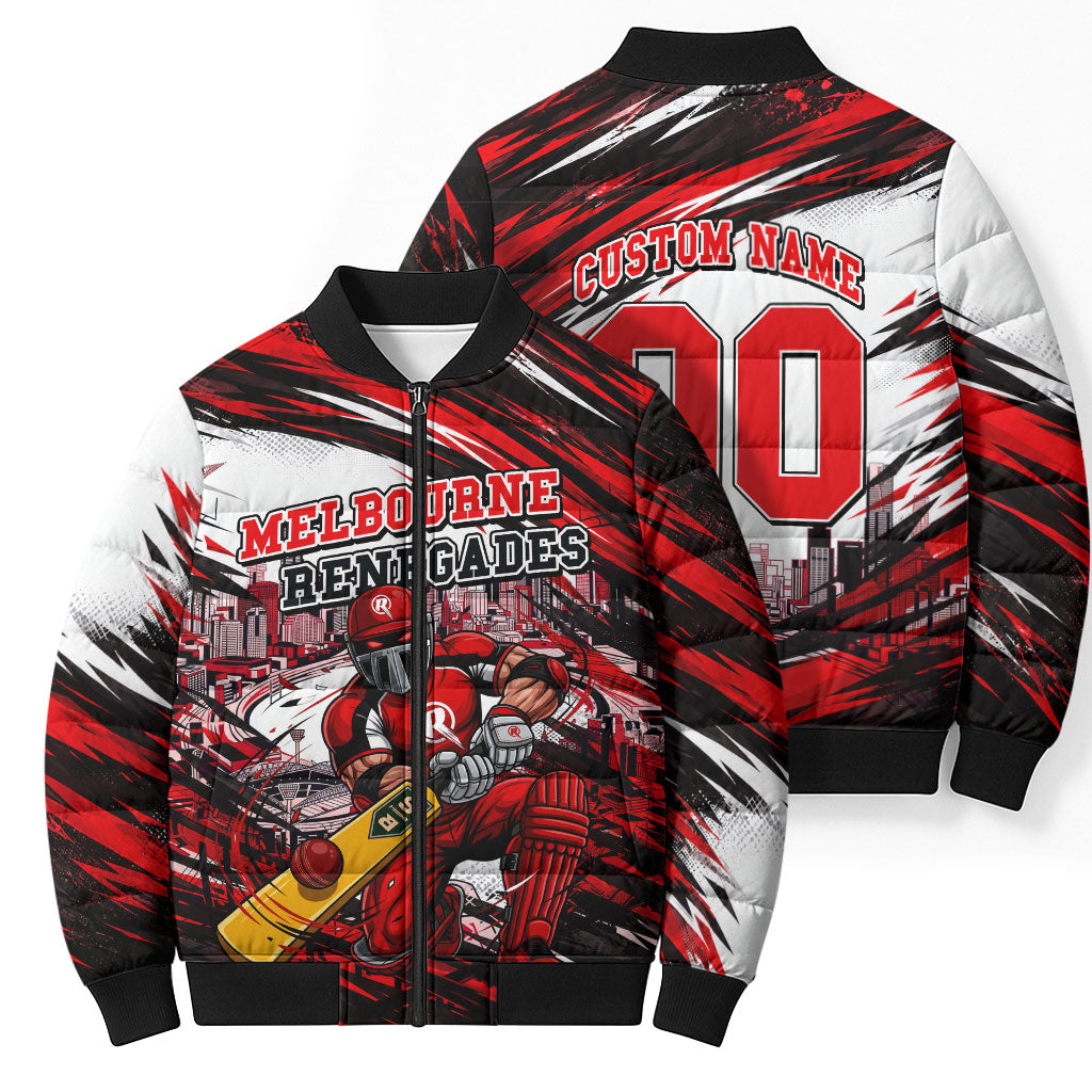Personalised Melbourne Renegades Cricket Fan Pride Bomber Puffer Jacket Dynamic Cricket Graphic Art With Melbourne City Skyline