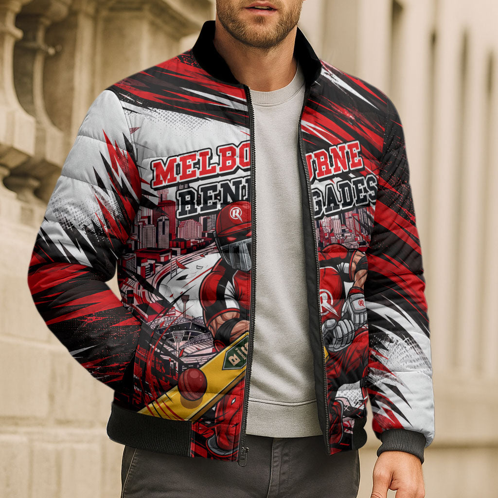 Personalised Melbourne Renegades Cricket Fan Pride Bomber Puffer Jacket Dynamic Cricket Graphic Art With Melbourne City Skyline