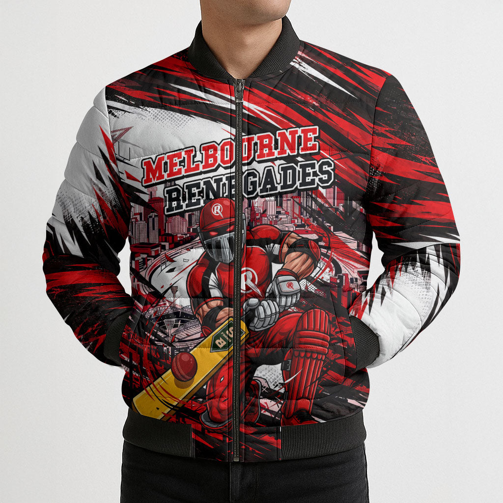 Personalised Melbourne Renegades Cricket Fan Pride Bomber Puffer Jacket Dynamic Cricket Graphic Art With Melbourne City Skyline
