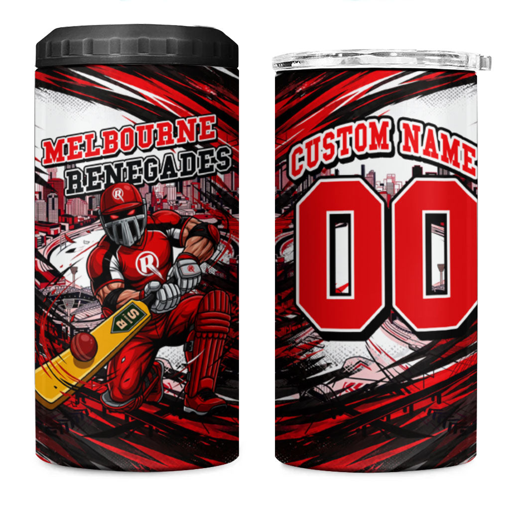 Personalised Melbourne Renegades Cricket Fan Pride 4 in 1 Can Cooler Tumbler Dynamic Cricket Graphic Art With Melbourne City Skyline