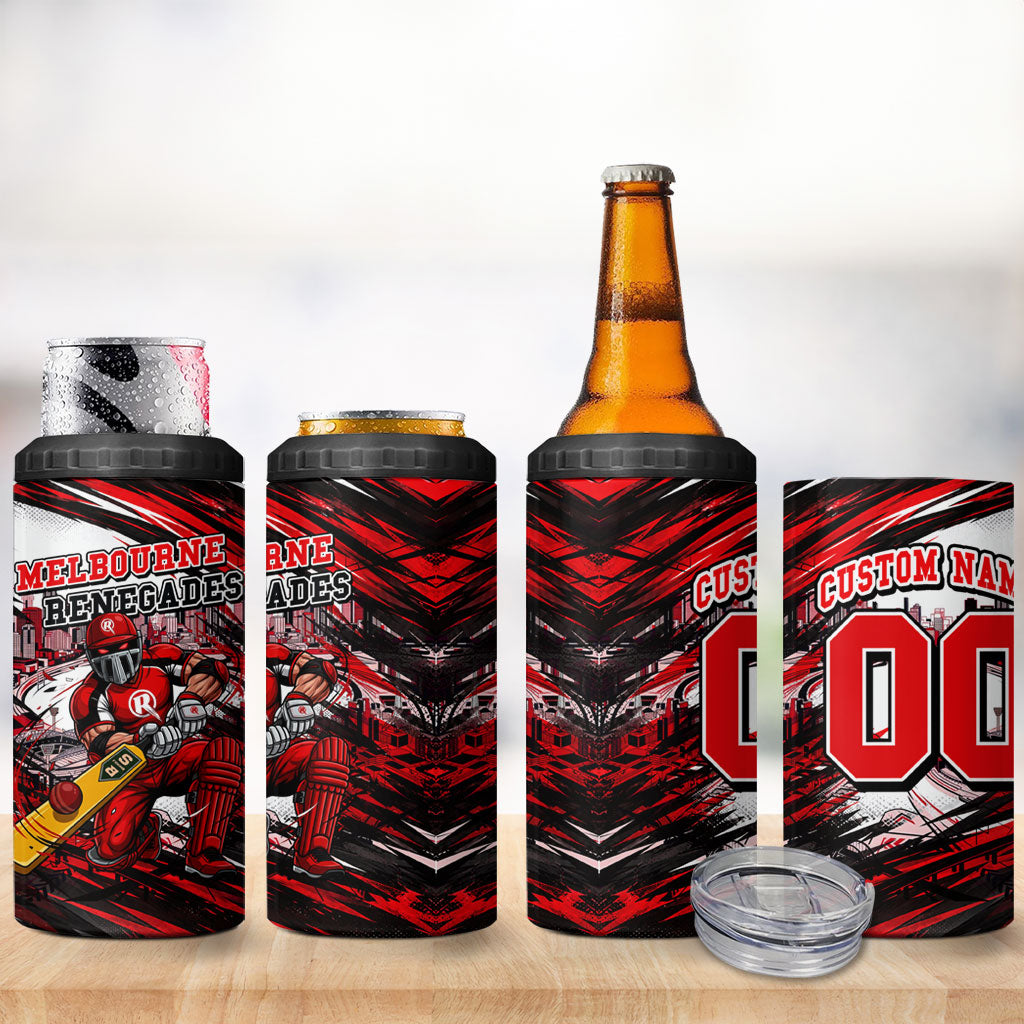 Personalised Melbourne Renegades Cricket Fan Pride 4 in 1 Can Cooler Tumbler Dynamic Cricket Graphic Art With Melbourne City Skyline