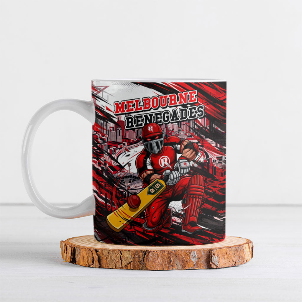 Personalised Melbourne Renegades Cricket Fan Pride Ceramic Mug Dynamic Cricket Graphic Art With Melbourne City Skyline