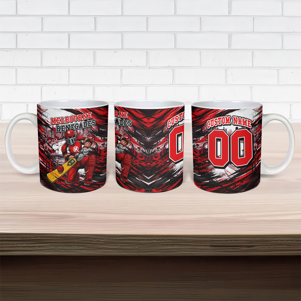 Personalised Melbourne Renegades Cricket Fan Pride Ceramic Mug Dynamic Cricket Graphic Art With Melbourne City Skyline