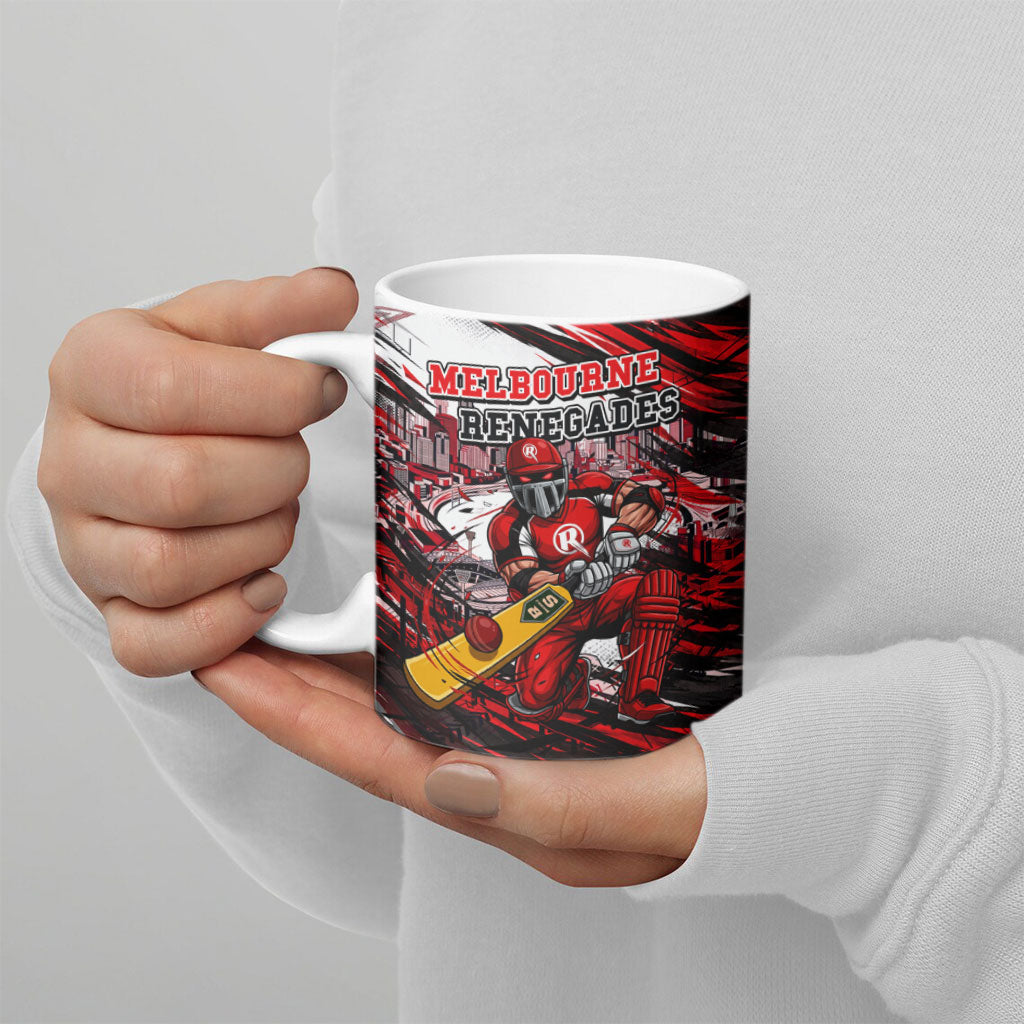Personalised Melbourne Renegades Cricket Fan Pride Ceramic Mug Dynamic Cricket Graphic Art With Melbourne City Skyline