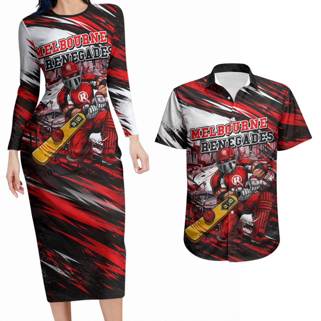 Personalised Melbourne Renegades Cricket Fan Pride Couples Matching Long Sleeve Bodycon Dress and Hawaiian Shirt Dynamic Cricket Graphic Art With Melbourne City Skyline