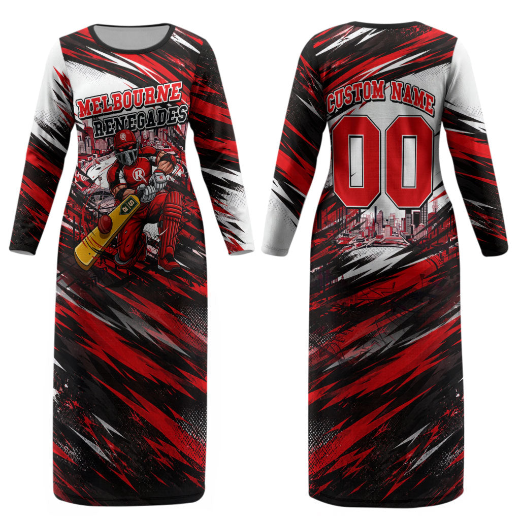 Personalised Melbourne Renegades Cricket Fan Pride Couples Matching Long Sleeve Bodycon Dress and Hawaiian Shirt Dynamic Cricket Graphic Art With Melbourne City Skyline