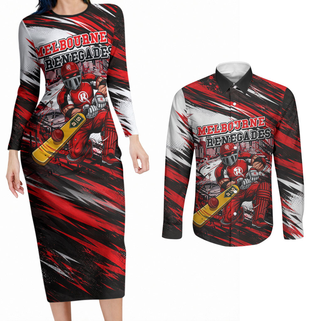 Personalised Melbourne Renegades Cricket Fan Pride Couples Matching Long Sleeve Bodycon Dress and Long Sleeve Button Shirt Dynamic Cricket Graphic Art With Melbourne City Skyline