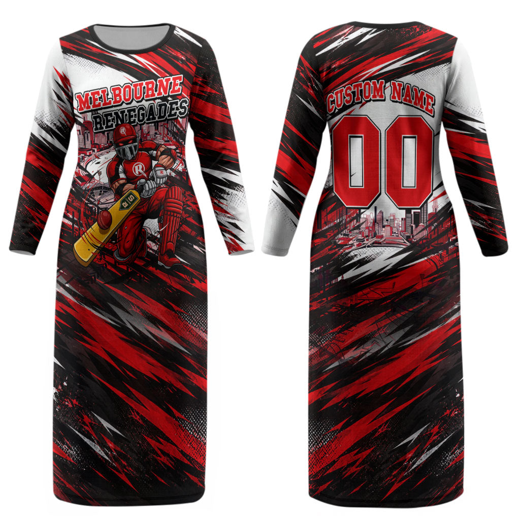 Personalised Melbourne Renegades Cricket Fan Pride Couples Matching Long Sleeve Bodycon Dress and Long Sleeve Button Shirt Dynamic Cricket Graphic Art With Melbourne City Skyline