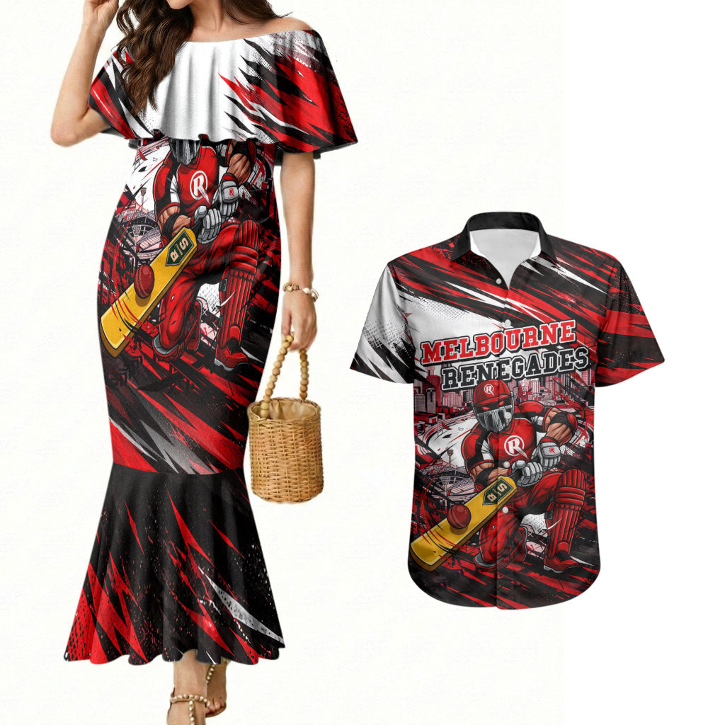 Personalised Melbourne Renegades Cricket Fan Pride Couples Matching Mermaid Dress and Hawaiian Shirt Dynamic Cricket Graphic Art With Melbourne City Skyline