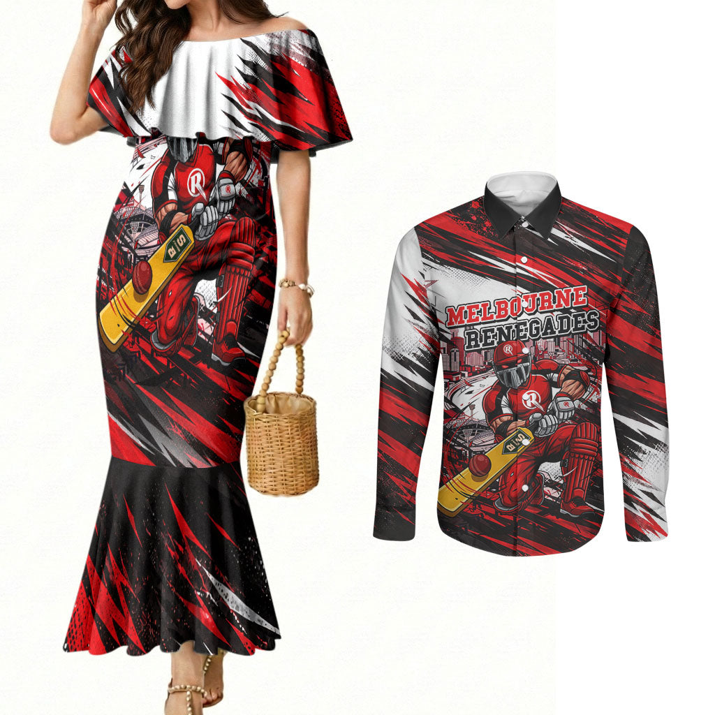 Personalised Melbourne Renegades Cricket Fan Pride Couples Matching Mermaid Dress and Long Sleeve Button Shirt Dynamic Cricket Graphic Art With Melbourne City Skyline