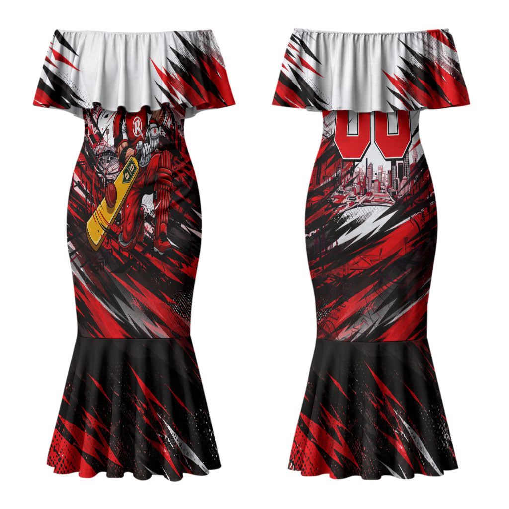 Personalised Melbourne Renegades Cricket Fan Pride Couples Matching Mermaid Dress and Long Sleeve Button Shirt Dynamic Cricket Graphic Art With Melbourne City Skyline