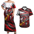 Personalised Melbourne Renegades Cricket Fan Pride Couples Matching Off Shoulder Maxi Dress and Hawaiian Shirt Dynamic Cricket Graphic Art With Melbourne City Skyline