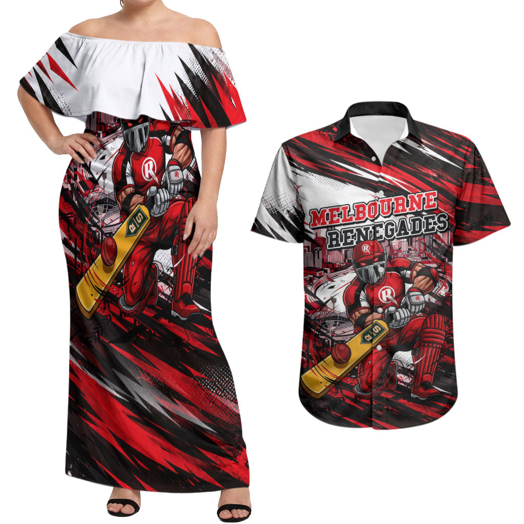 Personalised Melbourne Renegades Cricket Fan Pride Couples Matching Off Shoulder Maxi Dress and Hawaiian Shirt Dynamic Cricket Graphic Art With Melbourne City Skyline