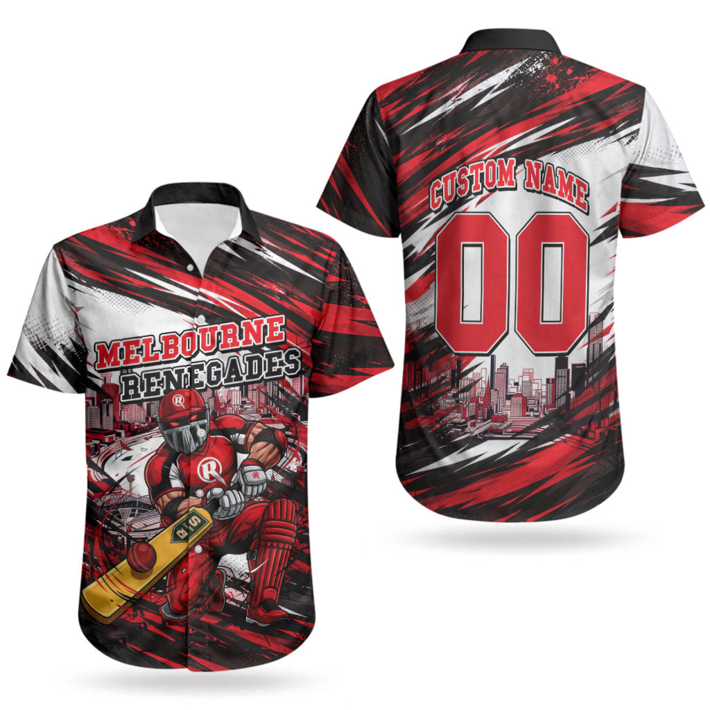 Personalised Melbourne Renegades Cricket Fan Pride Couples Matching Off Shoulder Maxi Dress and Hawaiian Shirt Dynamic Cricket Graphic Art With Melbourne City Skyline