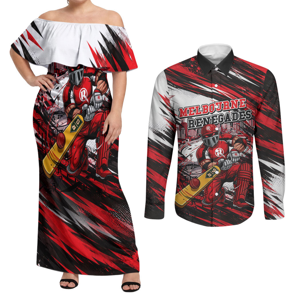 Personalised Melbourne Renegades Cricket Fan Pride Couples Matching Off Shoulder Maxi Dress and Long Sleeve Button Shirt Dynamic Cricket Graphic Art With Melbourne City Skyline