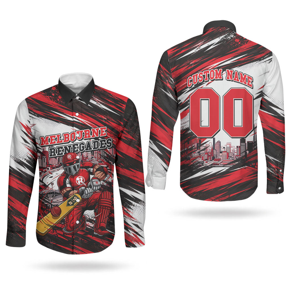 Personalised Melbourne Renegades Cricket Fan Pride Couples Matching Off Shoulder Maxi Dress and Long Sleeve Button Shirt Dynamic Cricket Graphic Art With Melbourne City Skyline