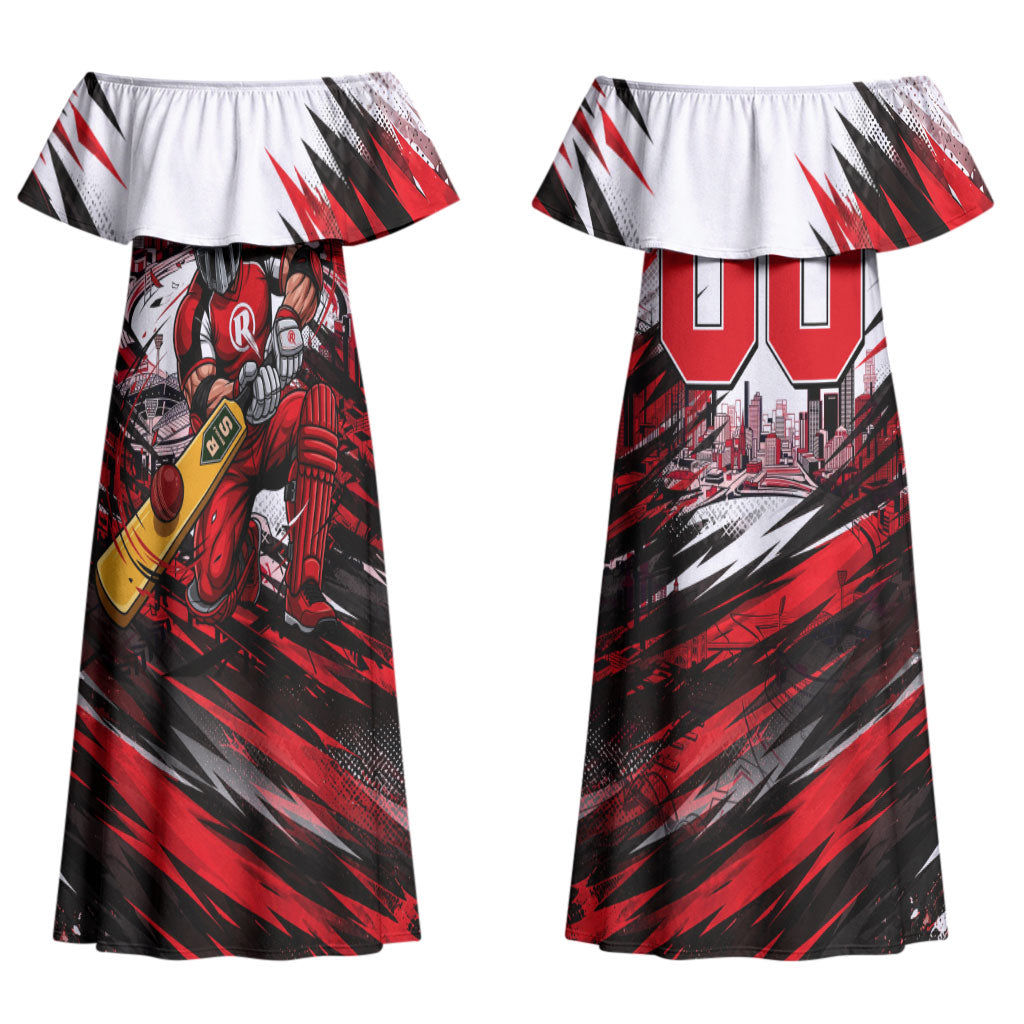 Personalised Melbourne Renegades Cricket Fan Pride Couples Matching Off Shoulder Maxi Dress and Long Sleeve Button Shirt Dynamic Cricket Graphic Art With Melbourne City Skyline